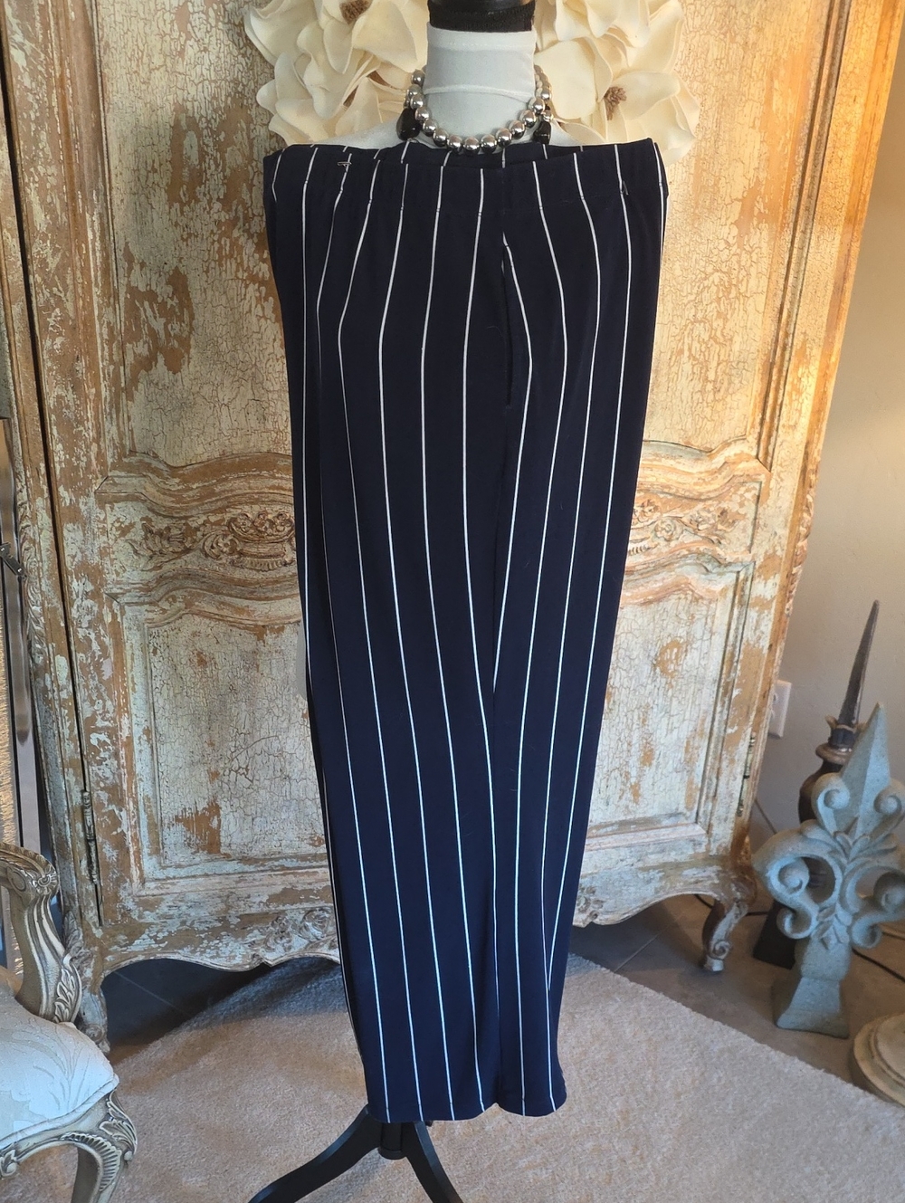 Susan Graver Navy Blue White Pinstripe Wide-Leg Pants